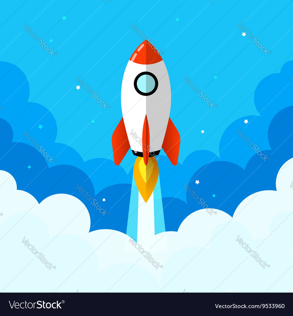 Startup rocket in the clouds flat