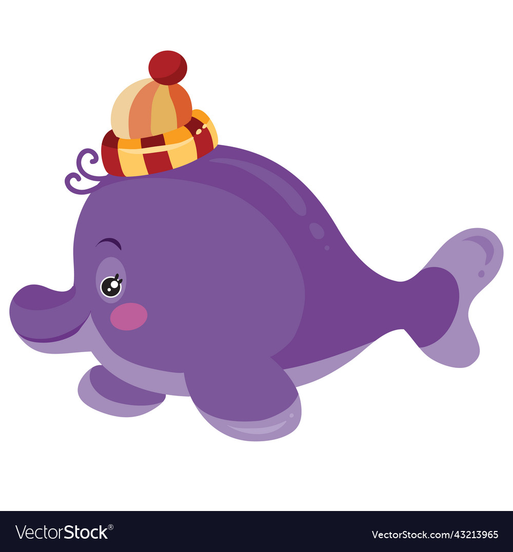 Cute purple dolphin character with knitted hat