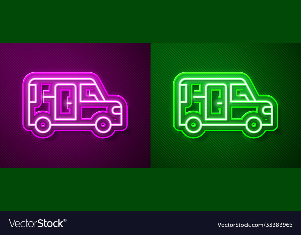 Glowing neon line minibus icon isolated on purple