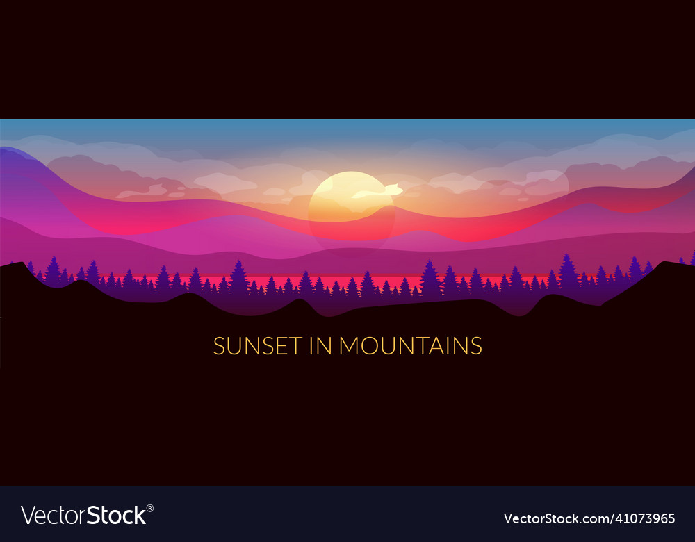 Sunset in mountains flat color banner template