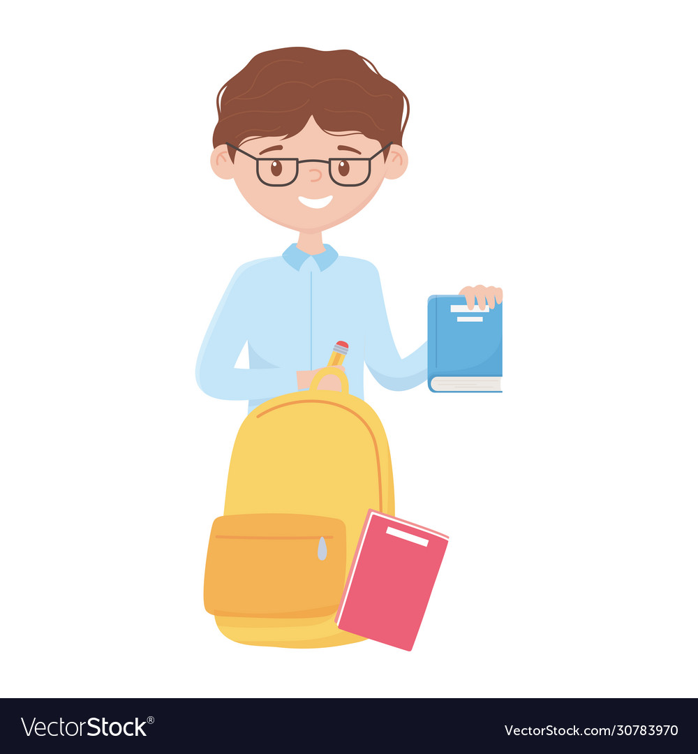 School boy with pencil bag and books design