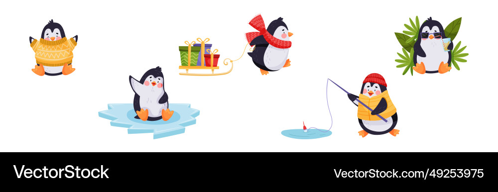 Cute penguin character engaged in different Vector Image