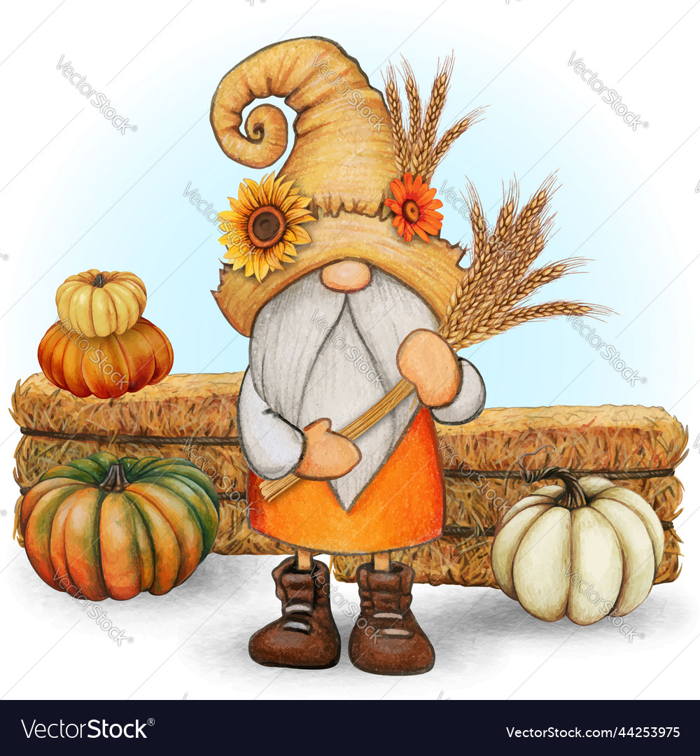 Watercolor cute fall season gnome Royalty Free Vector Image