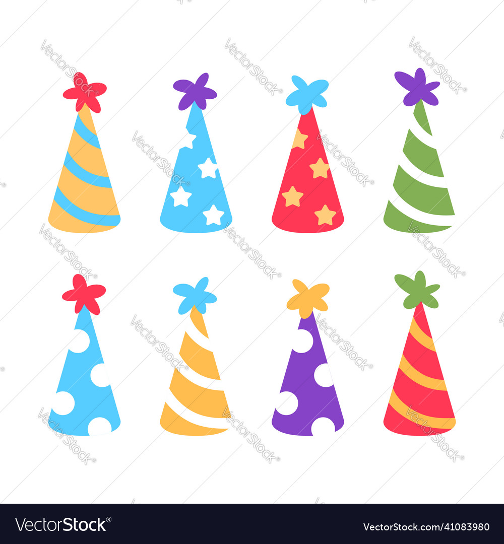 Colorful birthday hat icons collection on white