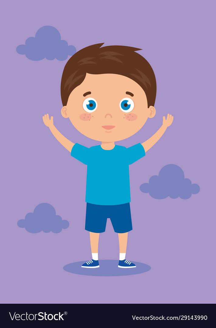 Cute Little Boy With Hands Up And Clouds Vector Image