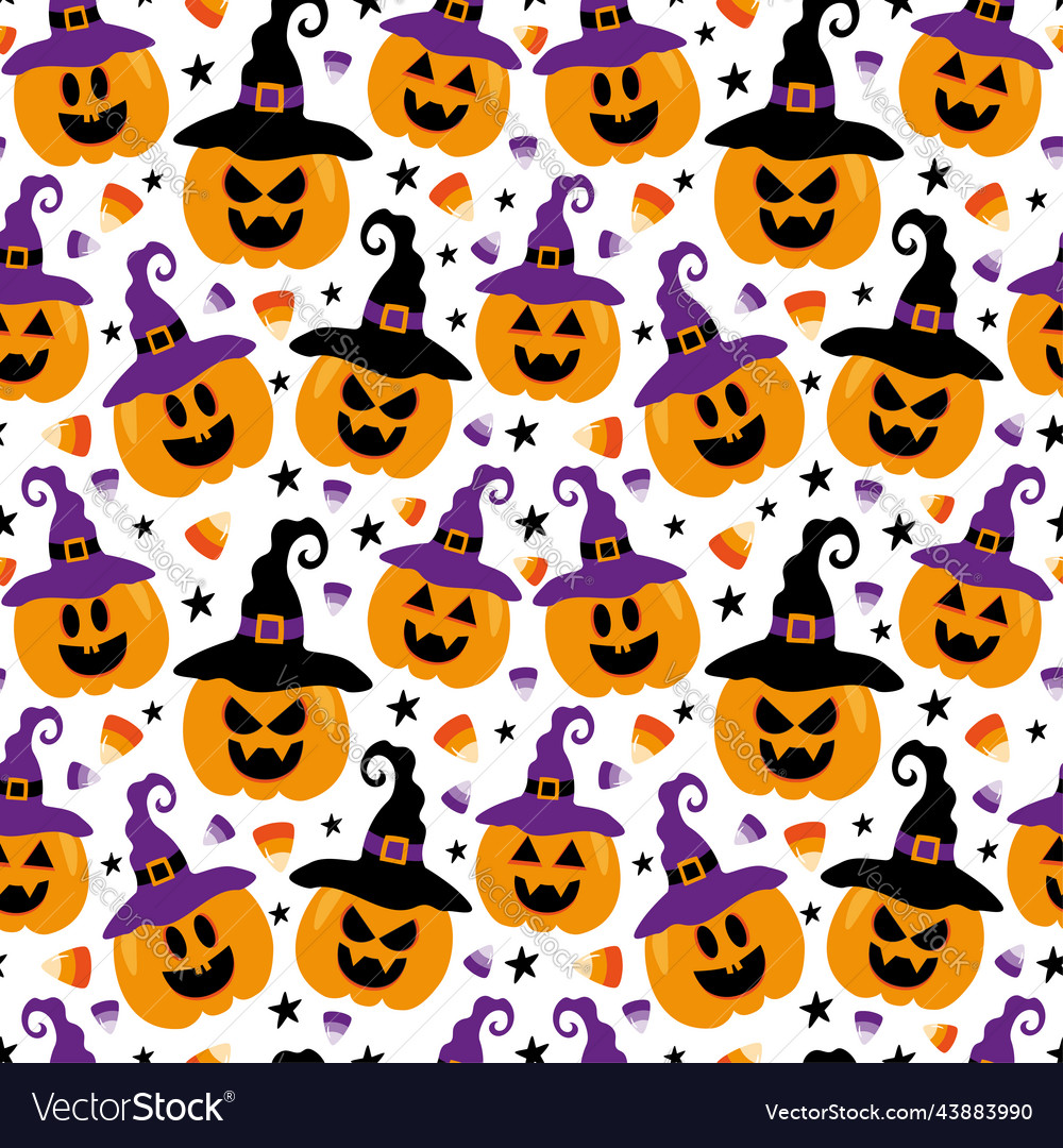 Scary jack o lantern face in witch hat and candy vector image Scary jack o lantern face in witch hat and candy