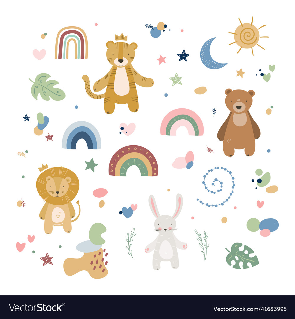 Cartoon cute animals baby set with rainbow