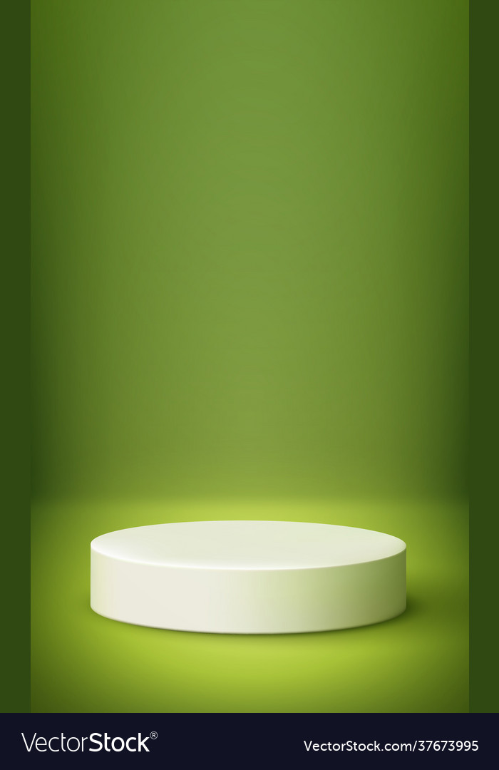 Green background studio with a round podium