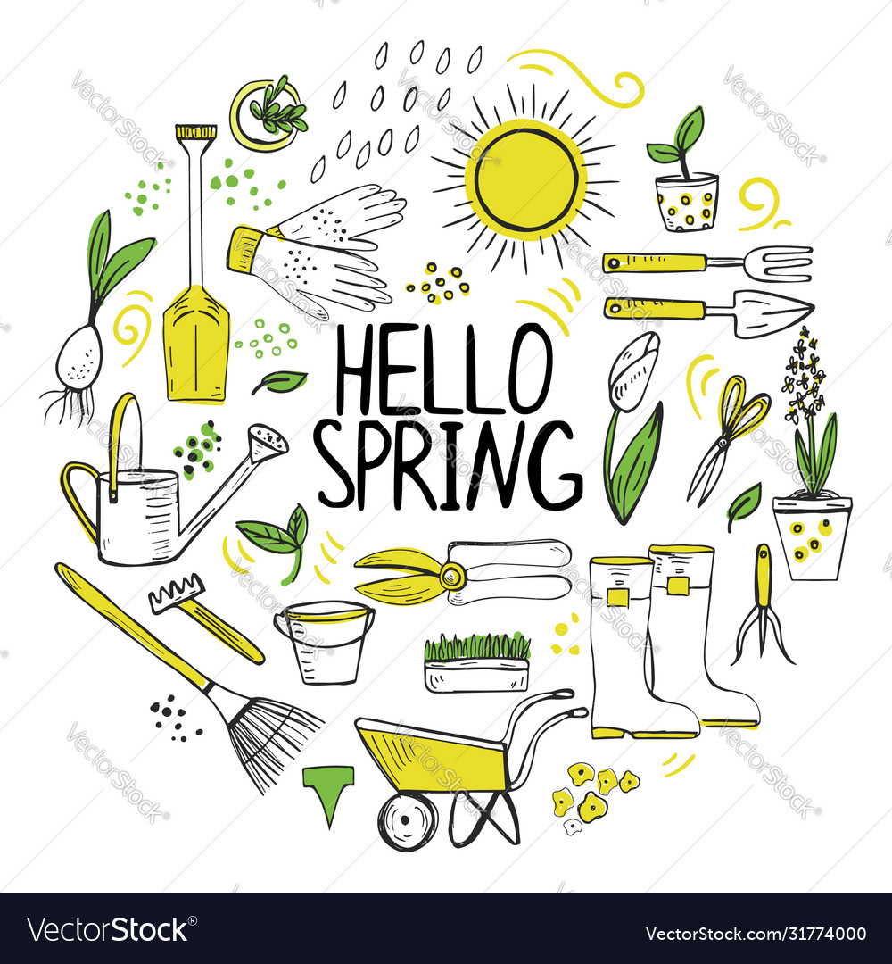 Set Hand Drawn Spring Flowers And Garden Tools Vector Image