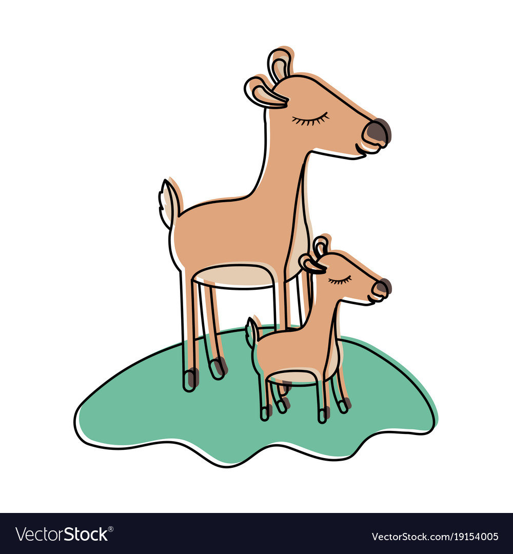 Cartoon deer mom and calf over grass in watercolor