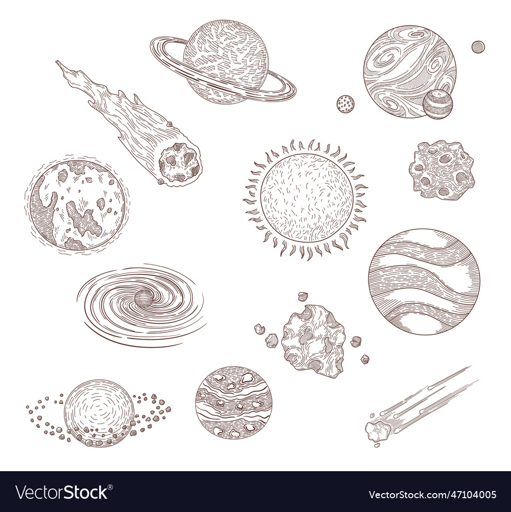 Planets comets and meteors engraved Royalty Free Vector