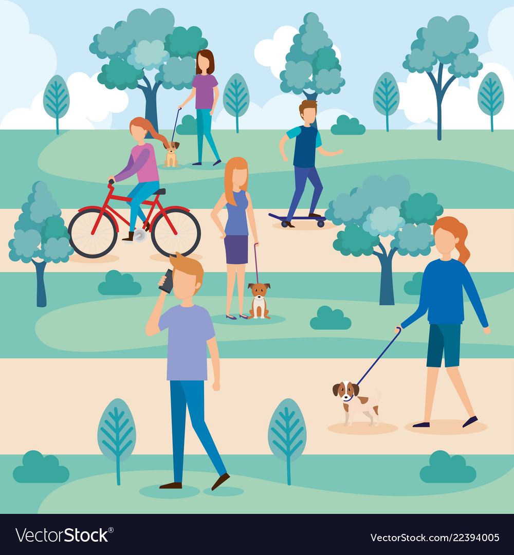 Young people with dogs in park Royalty Free Vector Image