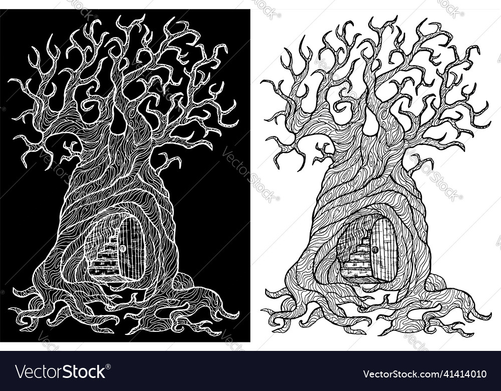 Black and white mystic fantasy tree line art