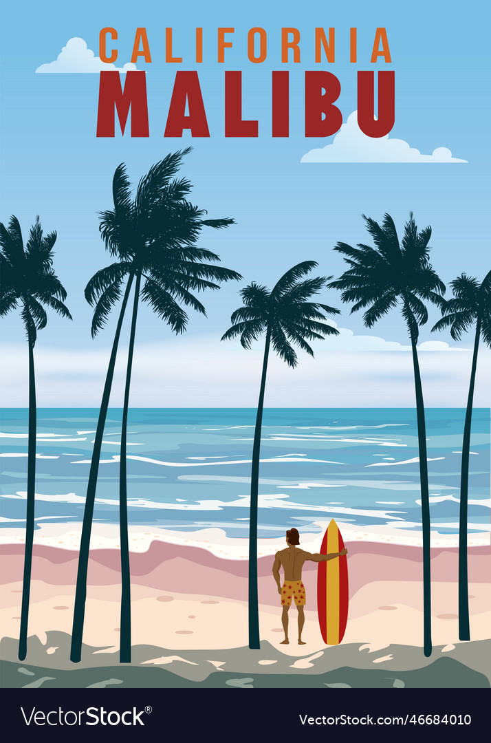 California malibu beach retro travel poster