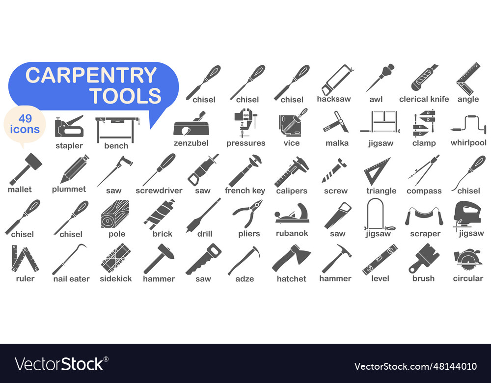 Collection of dark full icons carpentry tools Vector Image