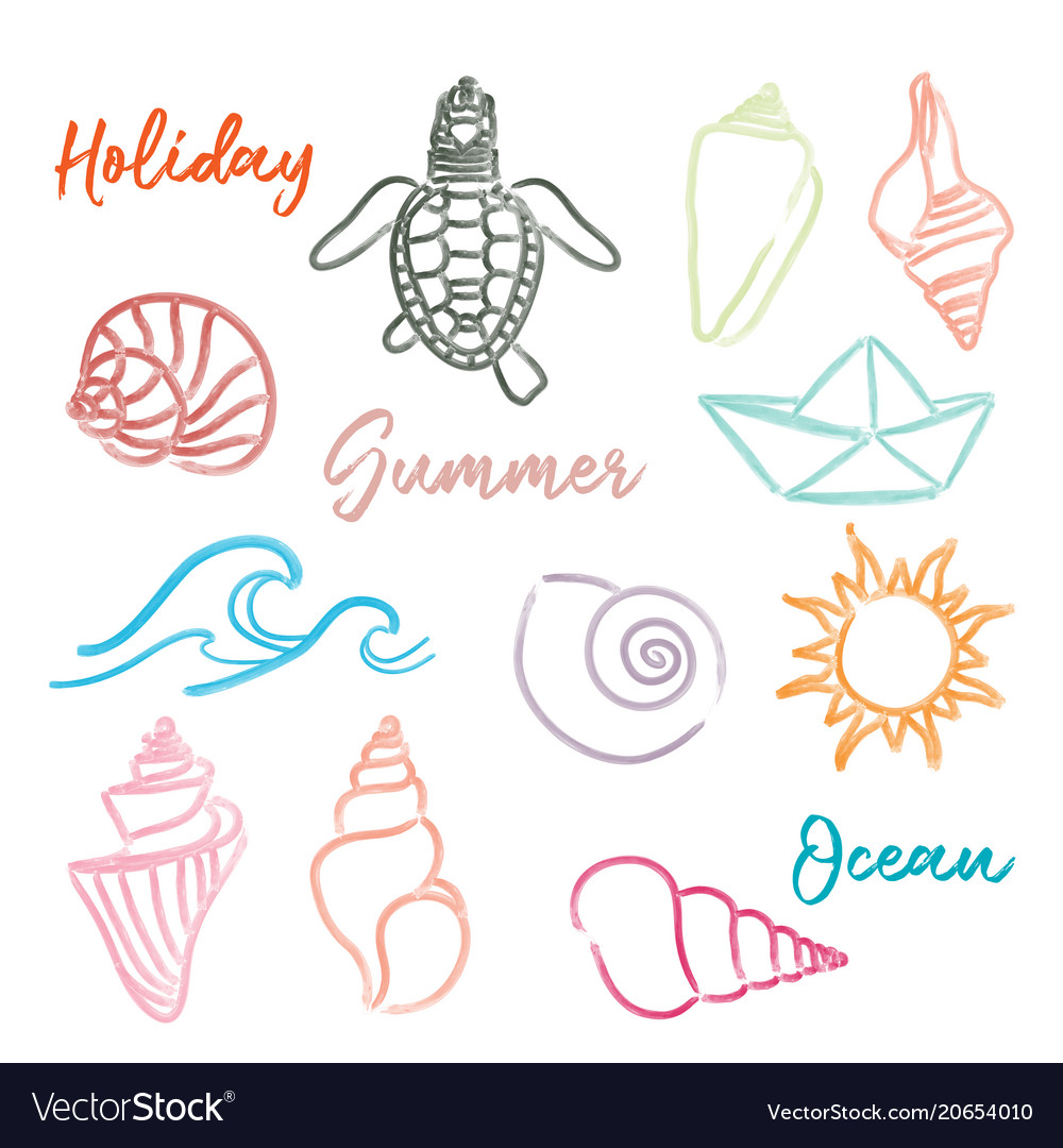 Hand drawn doodle watercolor seashells and sea Vector Image