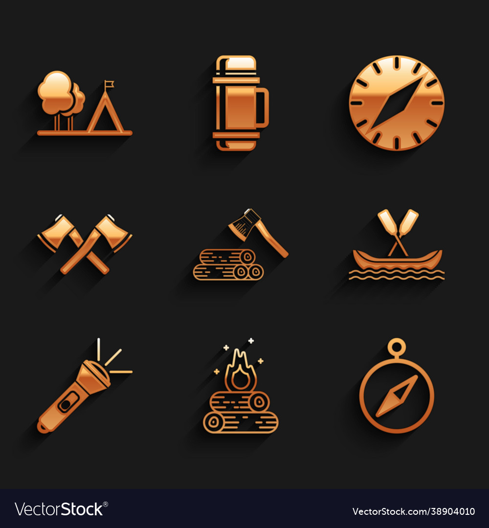 Set wooden axe and wood campfire compass Vector Image