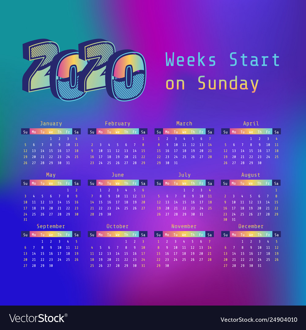 Synthwave 2020 year calendar week start on sunday