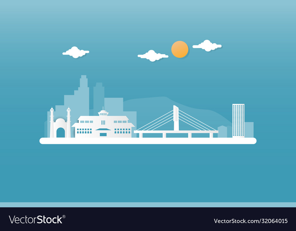 Flying Bandung City Skyline Using Paper Cut Vector Image