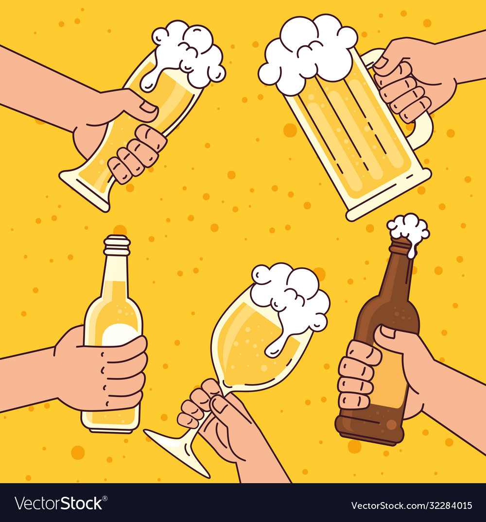 Hands holding beers on yellow background Vector Image