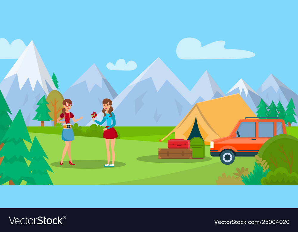 Mountain travel hiking flat color