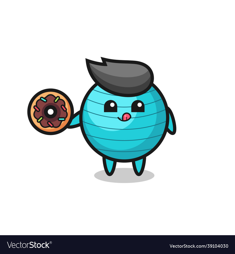 An exercise ball character eating a doughnut