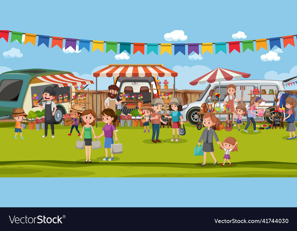 Flea market scene in cartoon style