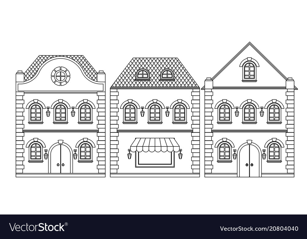 Houses Old European Buildings Outline Drawing Vector Image