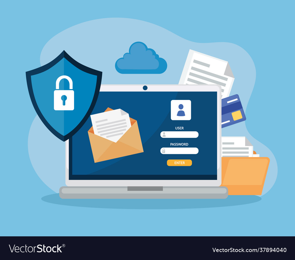 Laptop with envelope and shield Royalty Free Vector Image