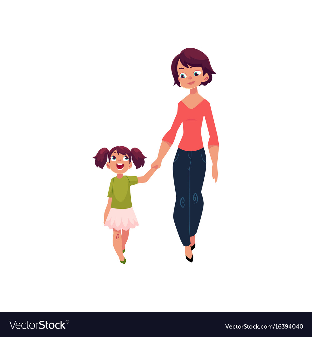 Mother and daughter walking together holding hands