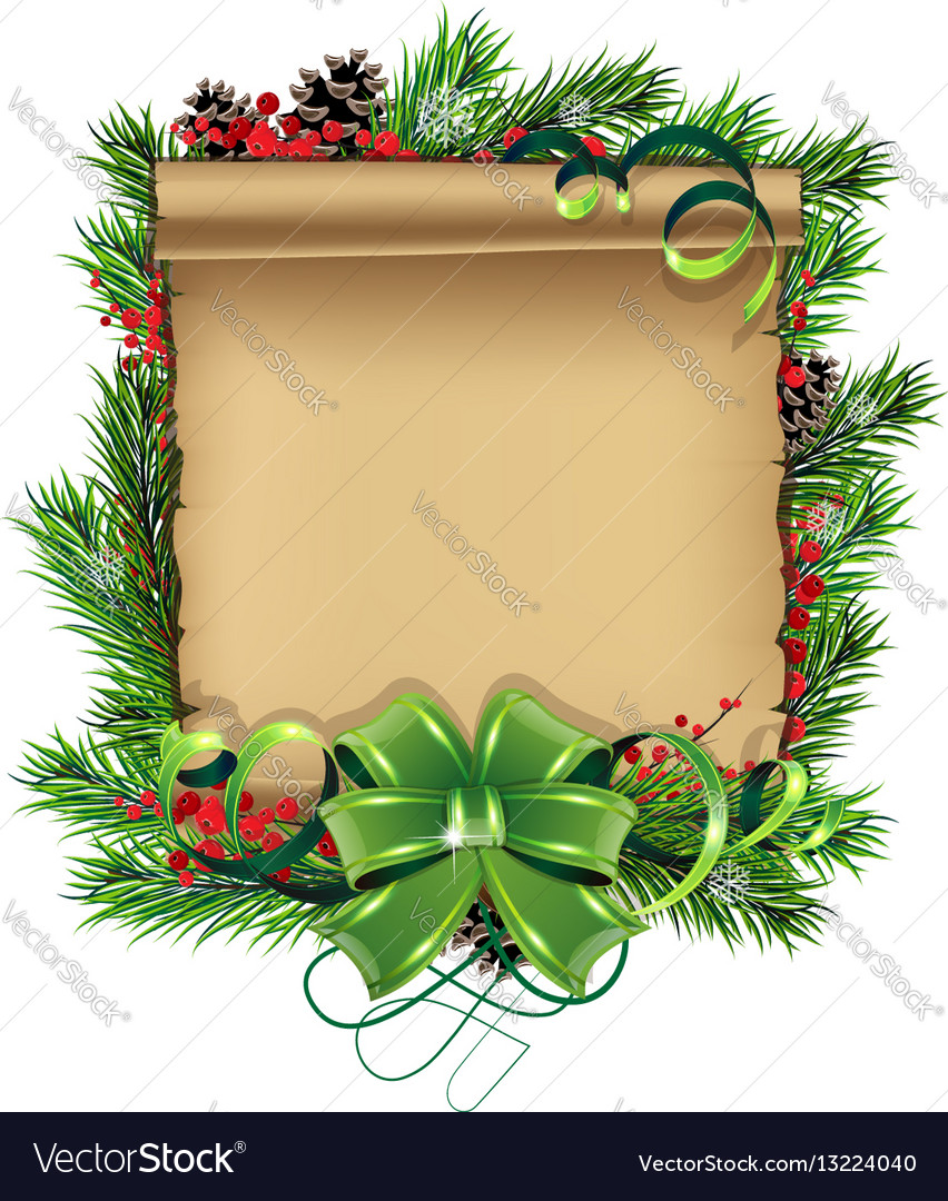 Paper Scrol With Bow And Spruce Branches Vector Image Paper Scrol With Bow And Spruce Branches Vector Image