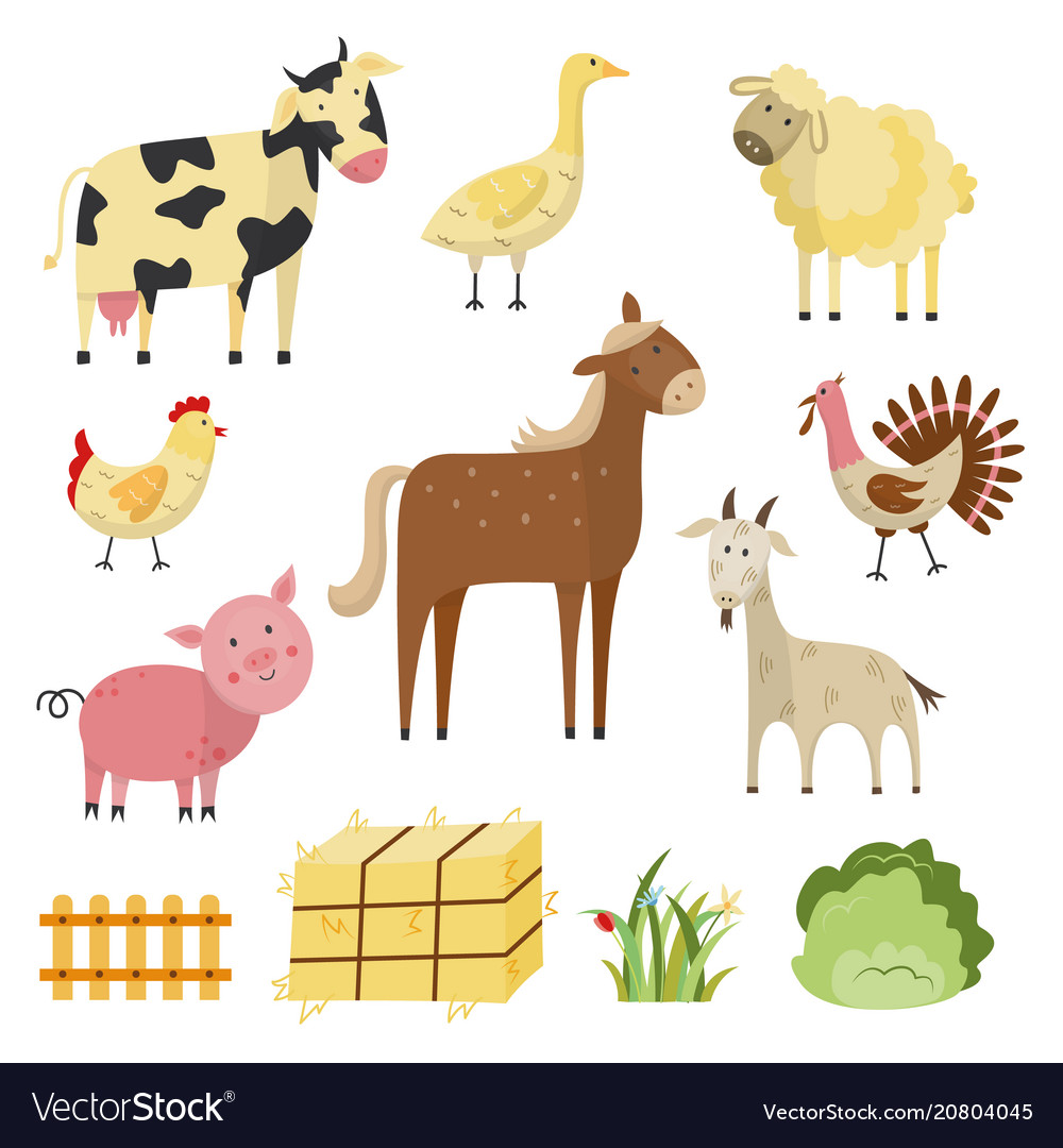 Farm animals birds rural symbols set Royalty Free Vector