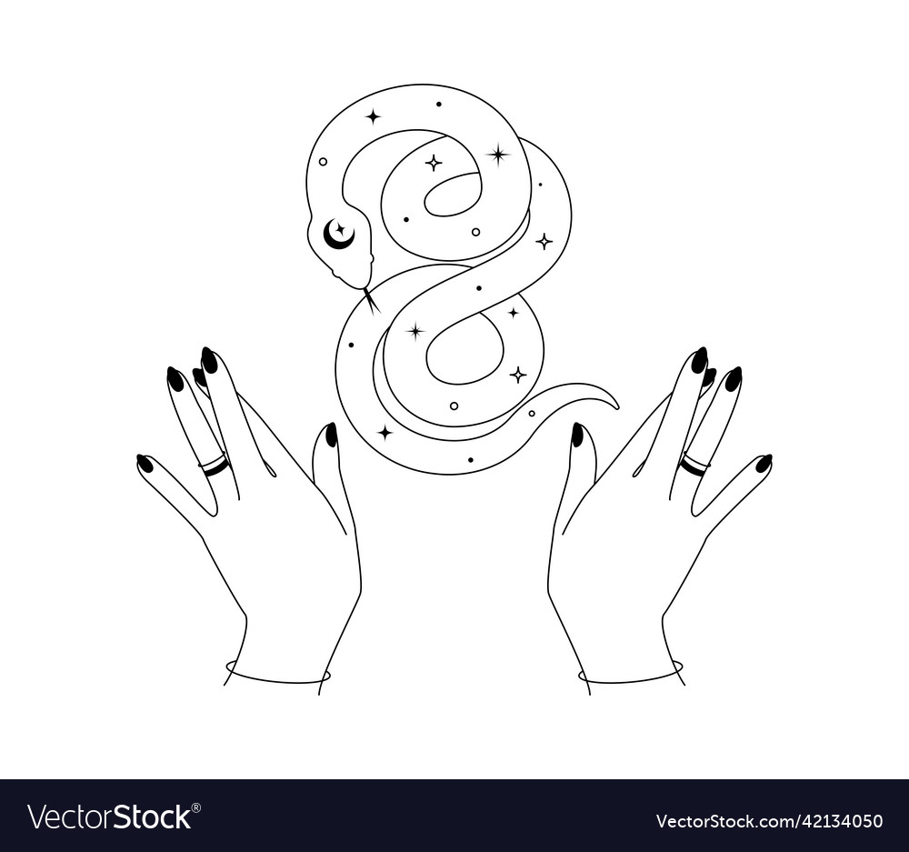 Magical hands and celestial snake in outline style