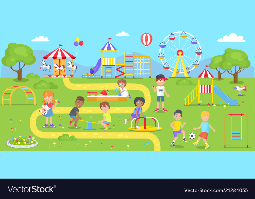 Happy kids spend time on children playground Vector Image