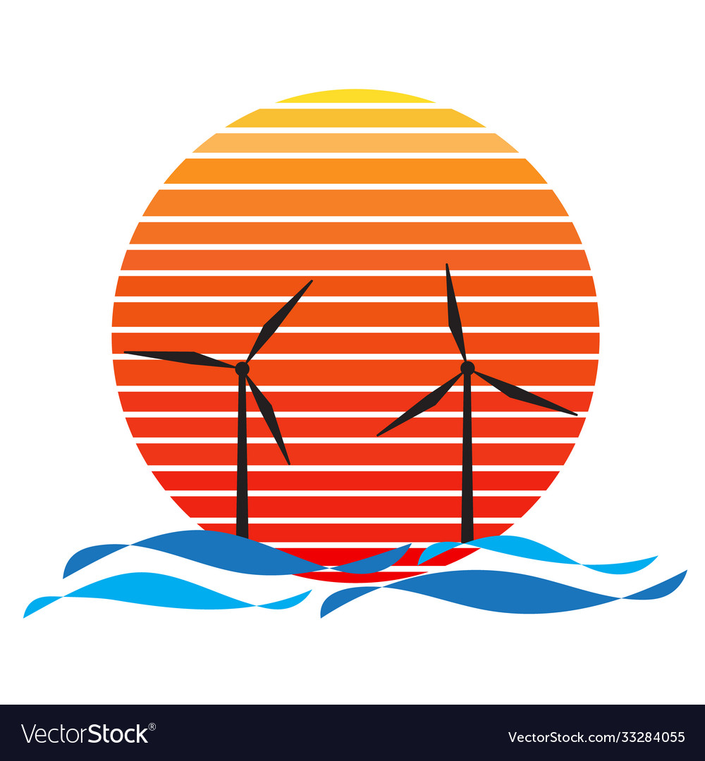 Offshore wind farm on sea and sunset Royalty Free Vector