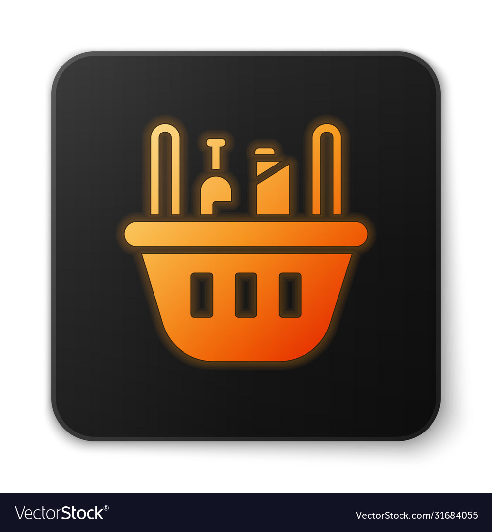 Orange glowing neon shopping basket and food icon