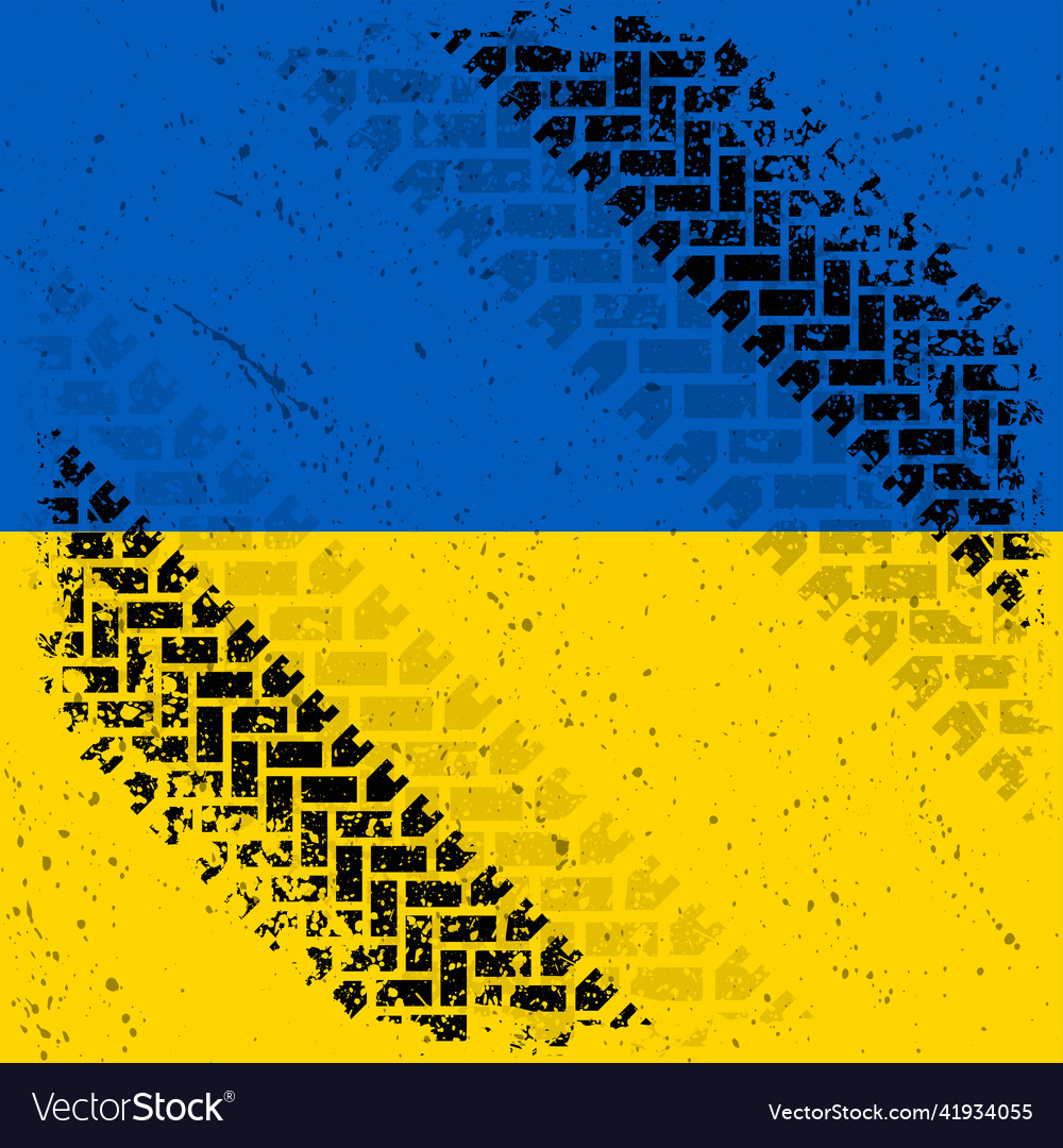 Tire track on ukrainian flag background Royalty Free Vector