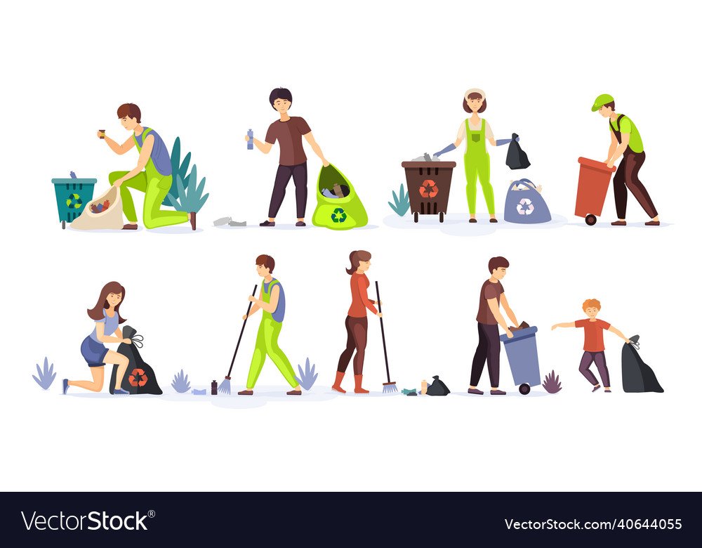 Volunteers clean up household wastes raking Vector Image