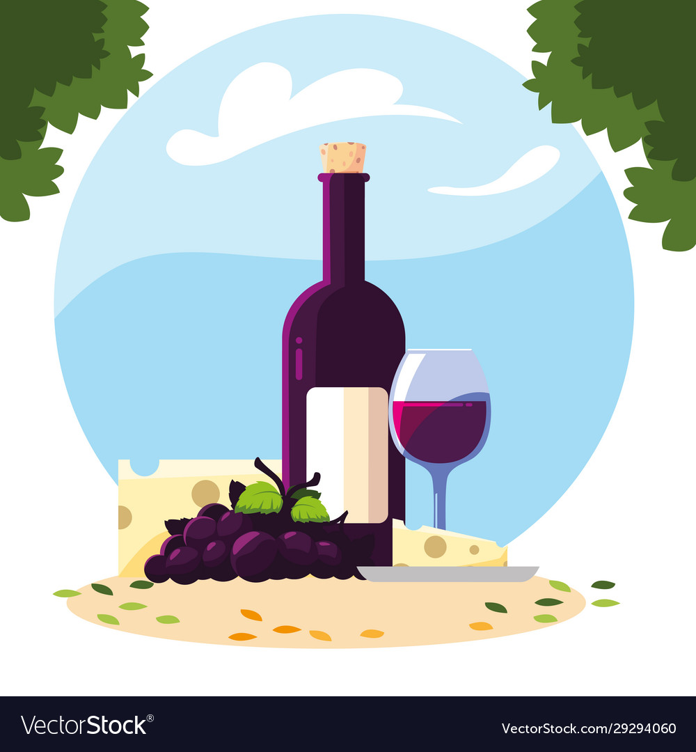 Bottle And Glass Wine With Piece Cheese Royalty Free Vector