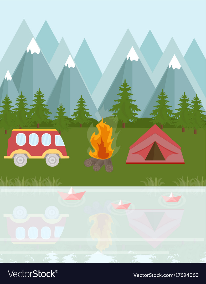 Camping bus and tent in mountains Royalty Free Vector Image