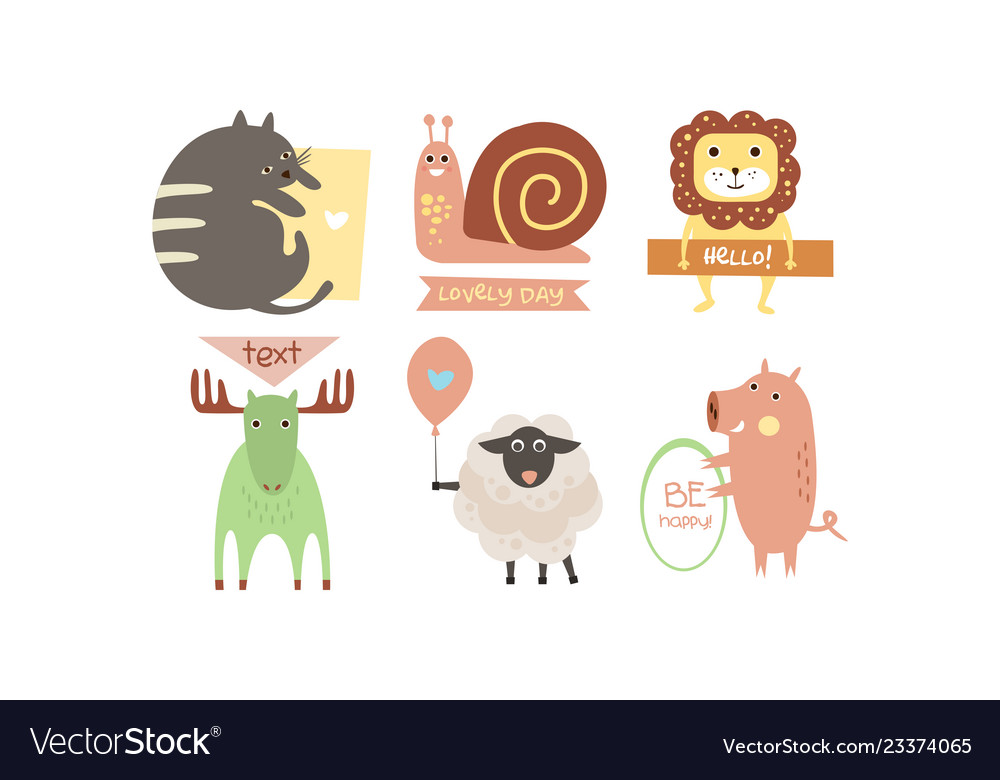 Lovely Animals With Banners Set Cute Cat Snail Vector Image