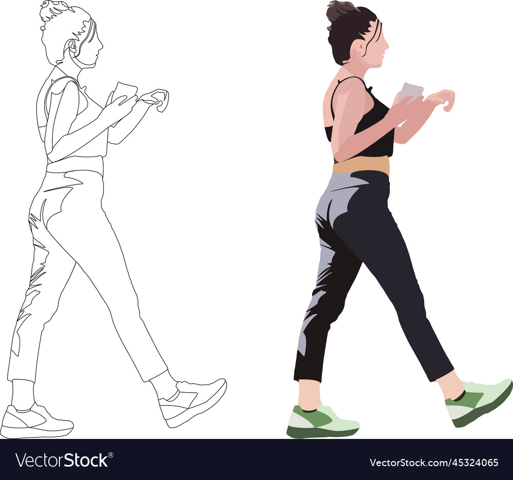 Woman with mobile phone walking and jogging