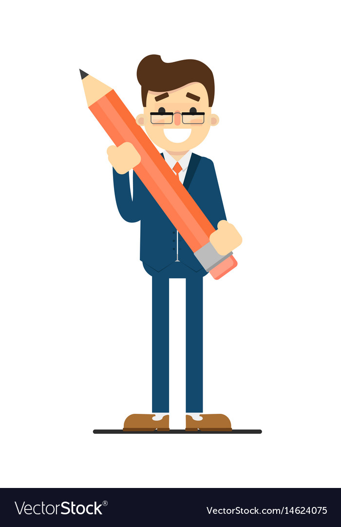 Happy businessman hold big pencil