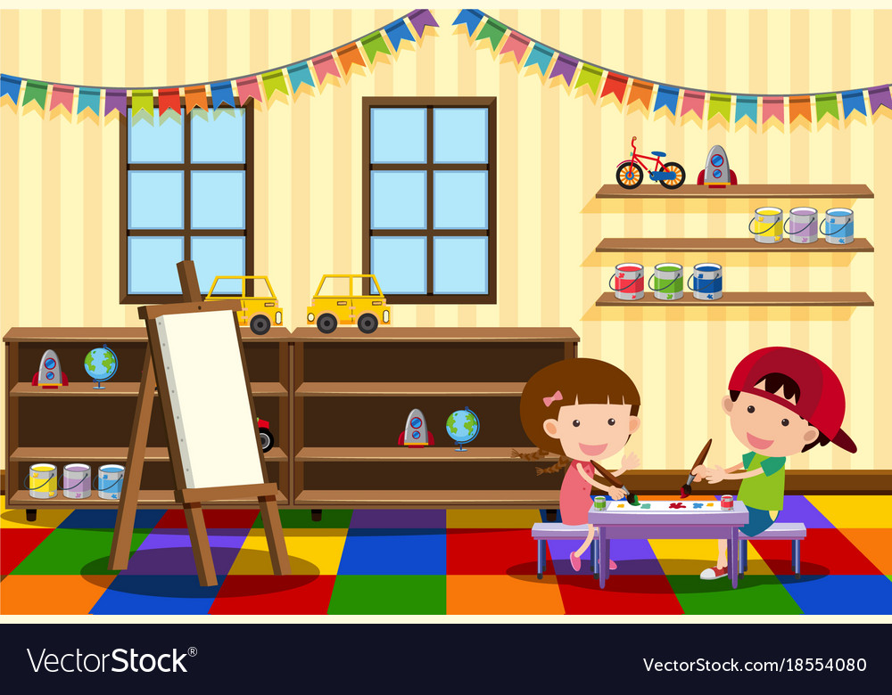 Two kids painting in the classroom Royalty Free Vector Image