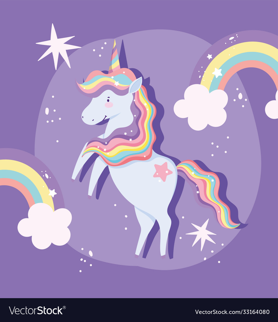 Unicorn with rainbow mane horn clouds stars magic Vector Image