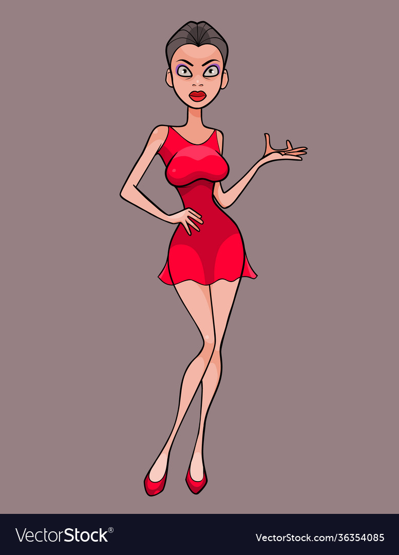 Cartoon beautiful slender woman in red dress