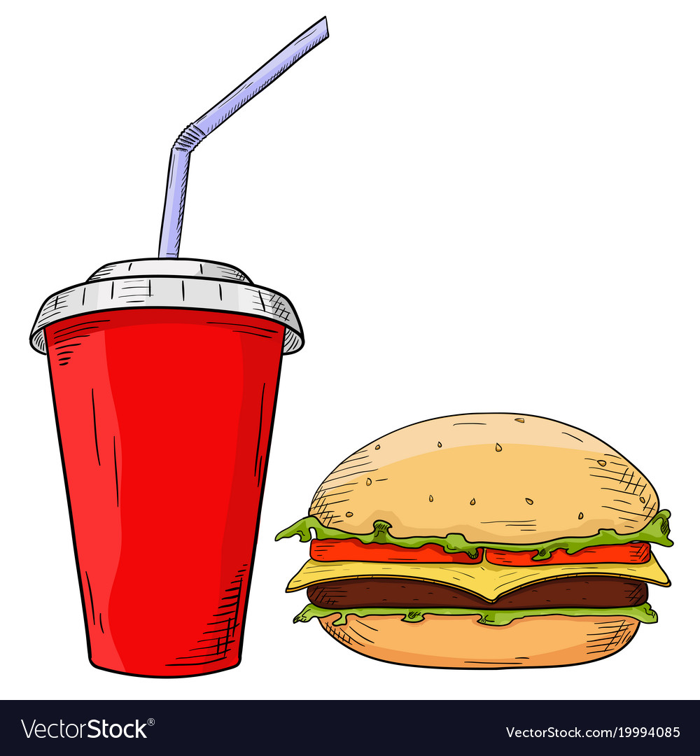 Fast food set cheeseburger and drink in paper cup Vector Image