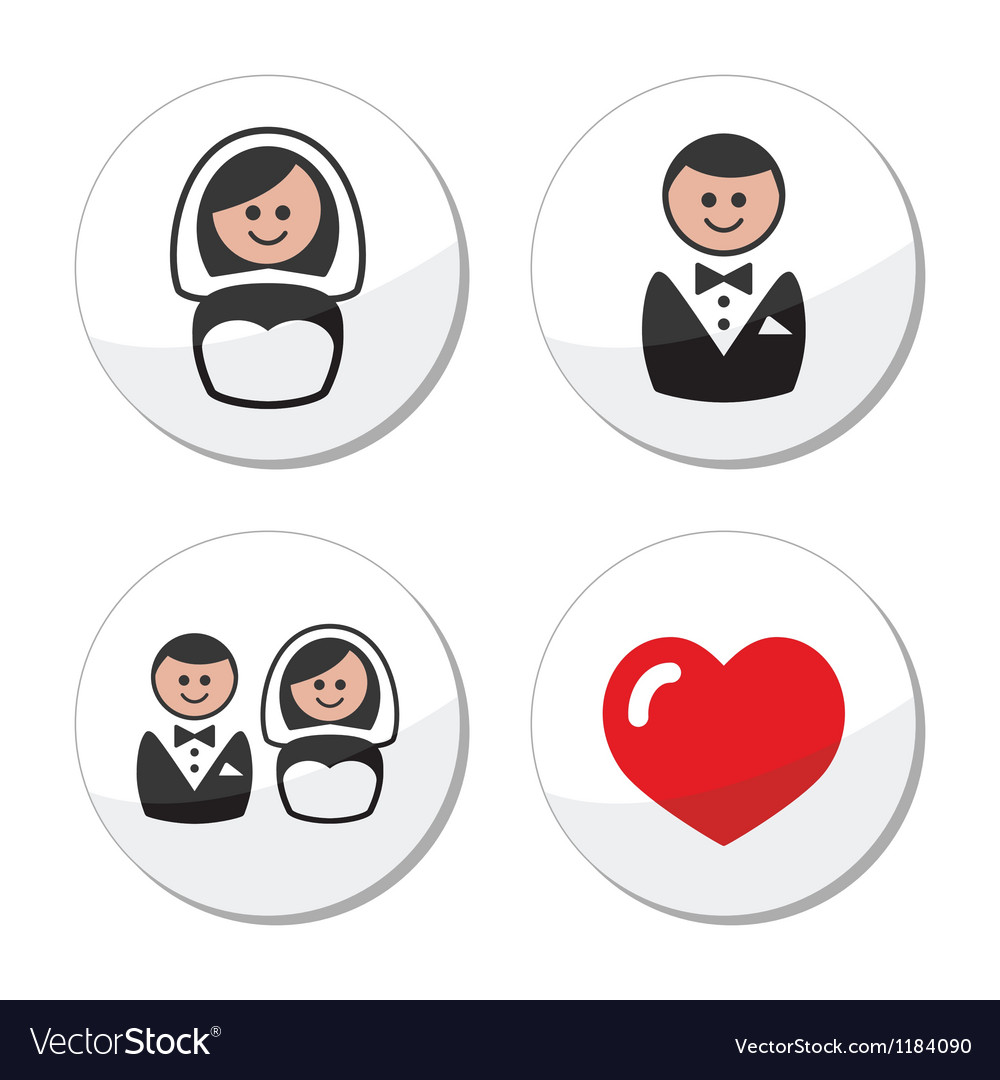 Groom and bride on round white labels