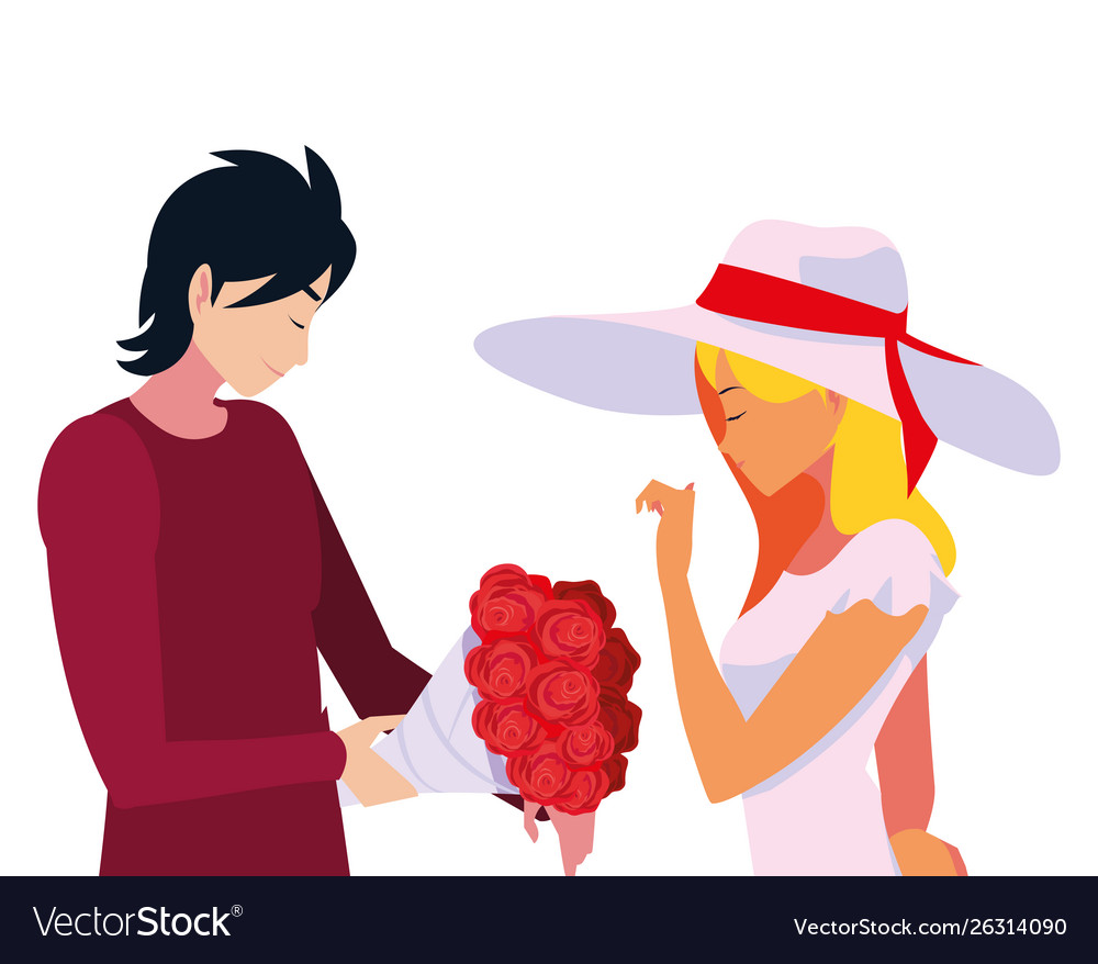 Man giving bouquet flowers a woman