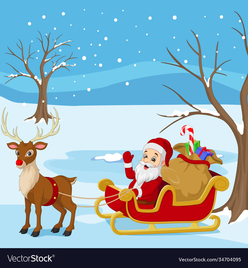 Cartoon santa claus rides in sleigh Royalty Free Vector